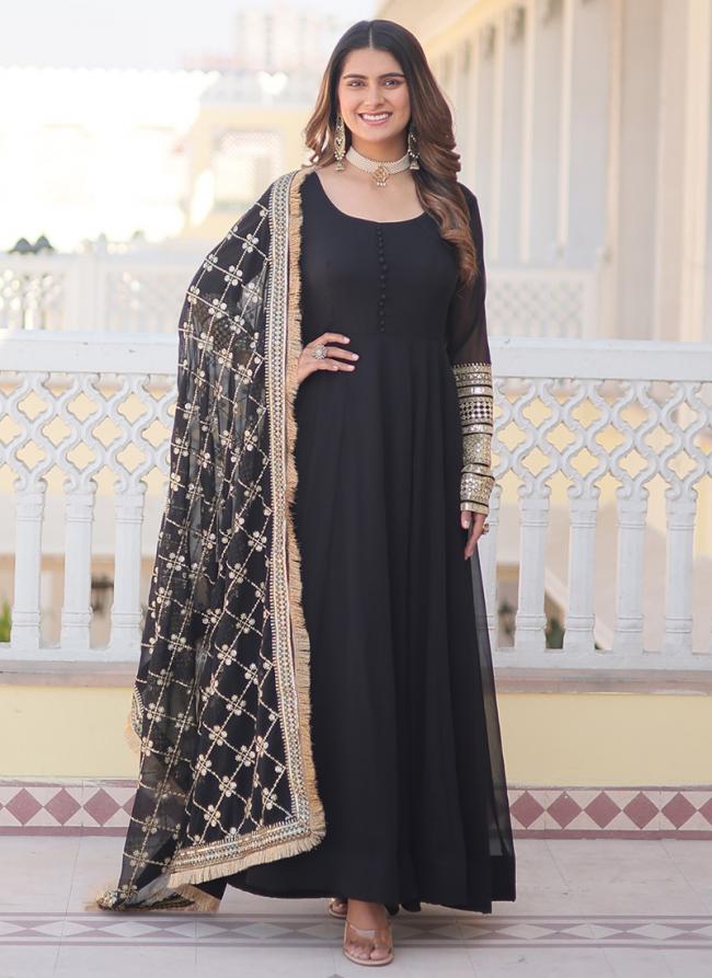 Faux Georgette Black Festival Wear Embroidery Work Gown With Dupatta